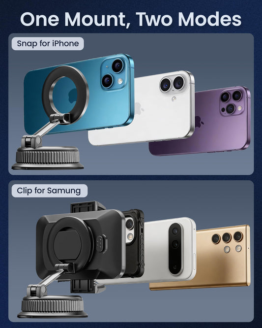 2-in-1 Magnetic Car Phone Mount with Suction Base & 360° Adjustment