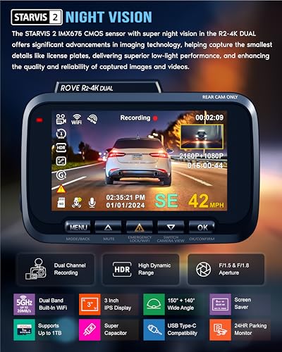 4K Dual Dash Cam with Front & Rear Recording, WiFi & Parking Mode (128GB Included)