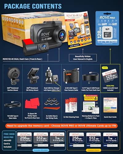 4K Dual Dash Cam with Front & Rear Recording, WiFi & Parking Mode (128GB Included)