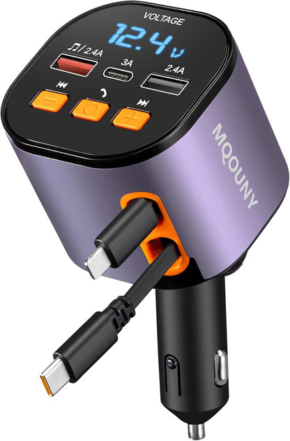 5-in-1 Retractable Car Charger with Bluetooth FM Transmitter (90W Fast Charging)