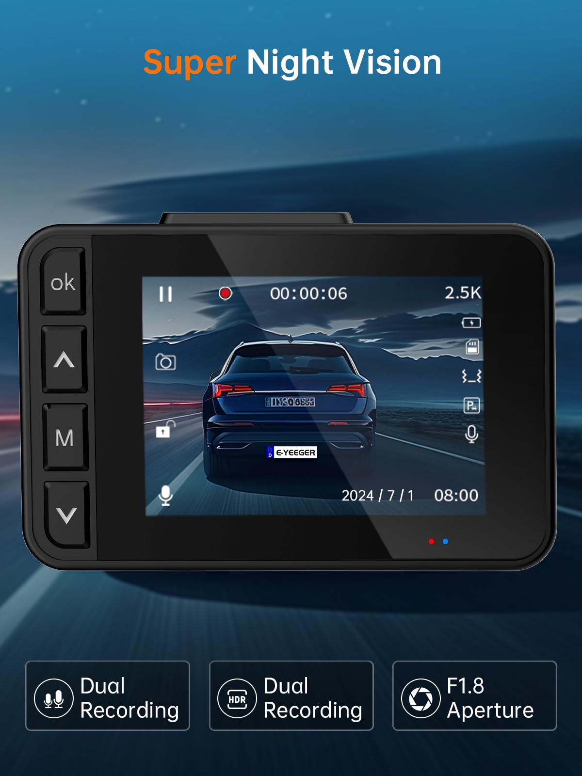 2.5K + 1080P Dual Dash Cam with Night Vision & Parking Mode (32GB Included)