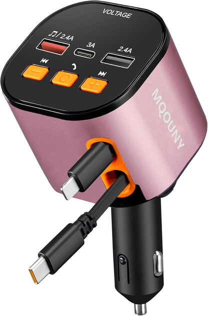 5-in-1 Retractable Car Charger with Bluetooth FM Transmitter (90W Fast Charging)
