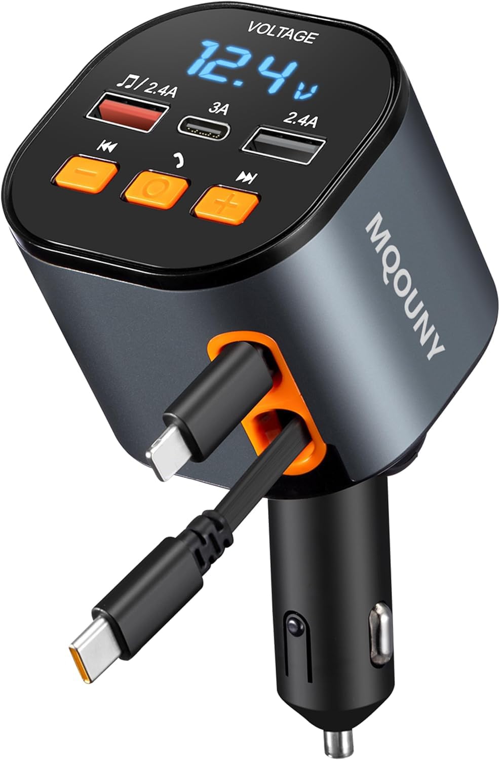 5-in-1 Retractable Car Charger with Bluetooth FM Transmitter (90W Fast Charging)
