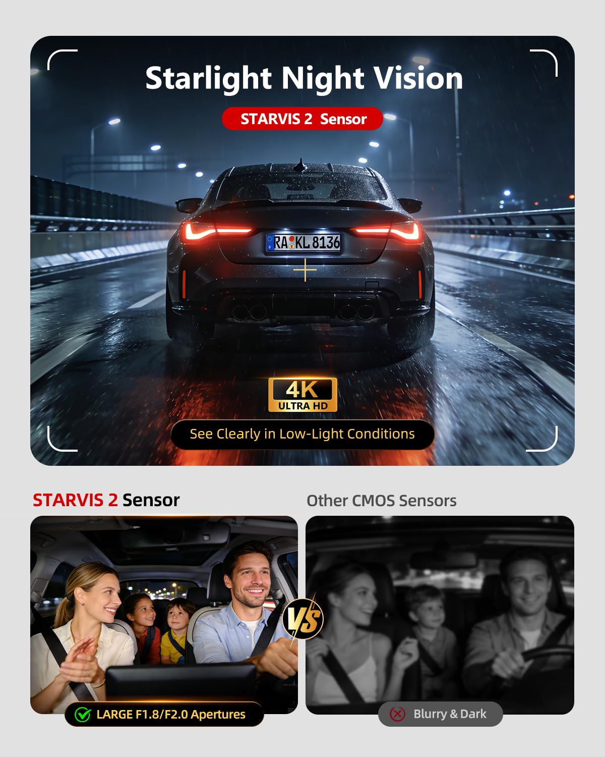 4K 3-Channel Dash Cam with GPS, HDR Night Vision & Parking Mode