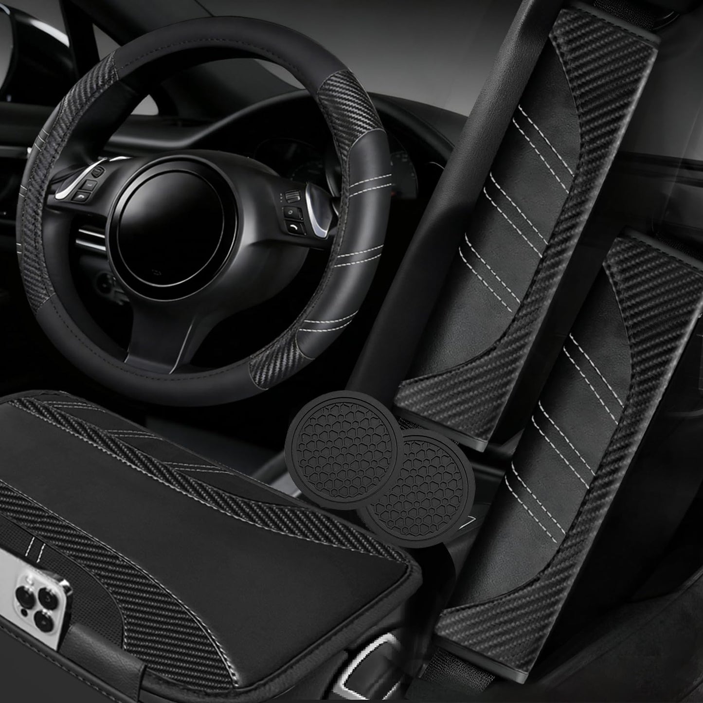 6-Piece Leather Car Interior Accessory Set (Steering Wheel Cover & More)