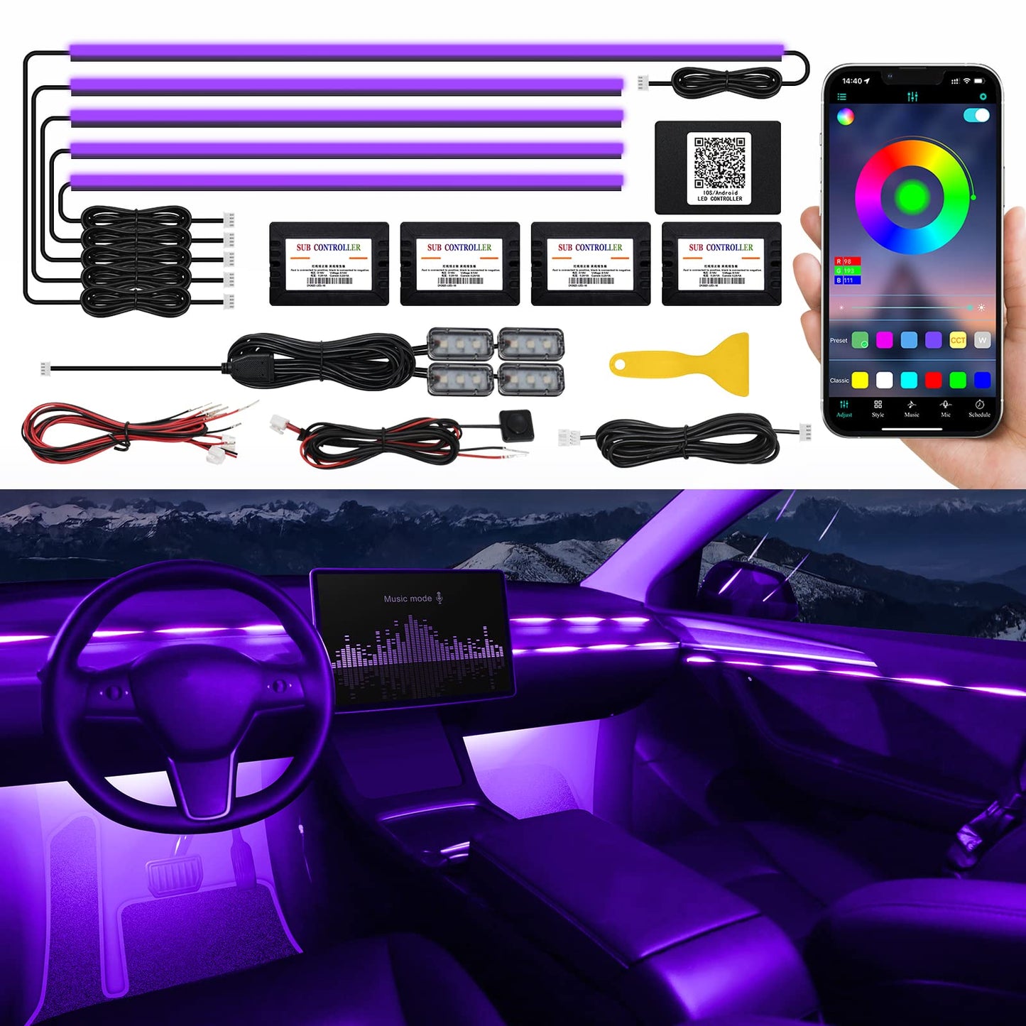 RGB Acrylic Car Interior LED Light Kit with App Control & Music Sync