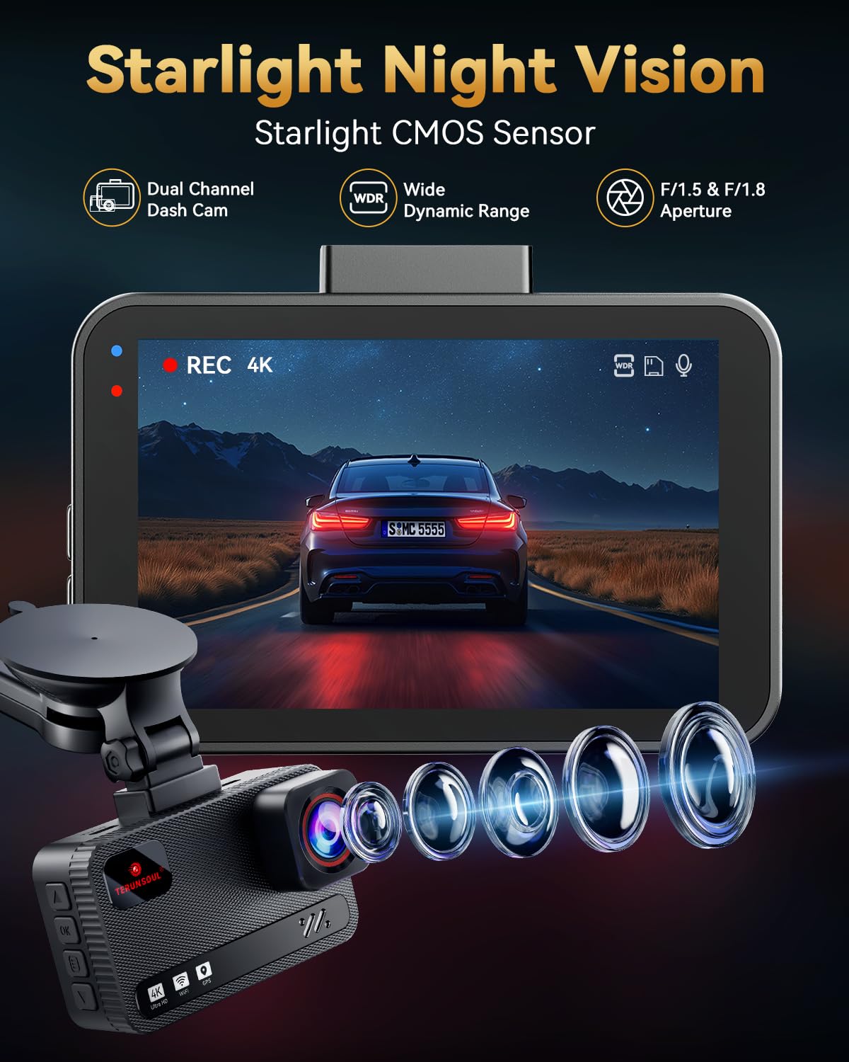 4K+4K Dual Dash Cam with GPS, WiFi & Parking Mode (128GB Included)