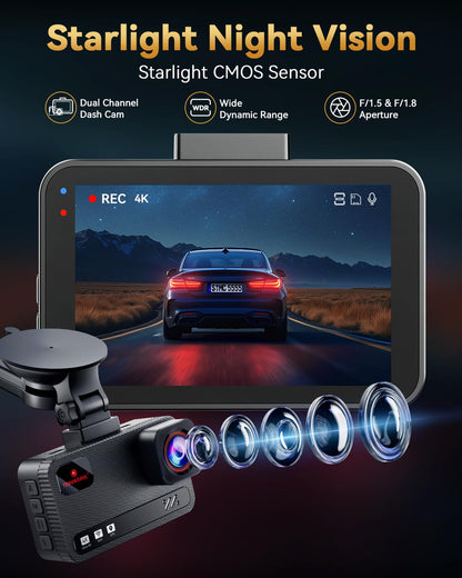 4K+4K Dual Dash Cam with GPS, WiFi & Parking Mode (128GB Included)