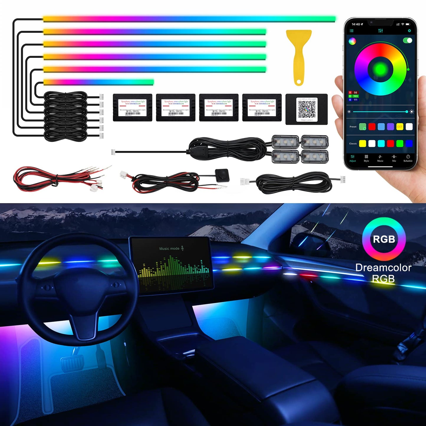 RGB Acrylic Car Interior LED Light Kit with App Control & Music Sync