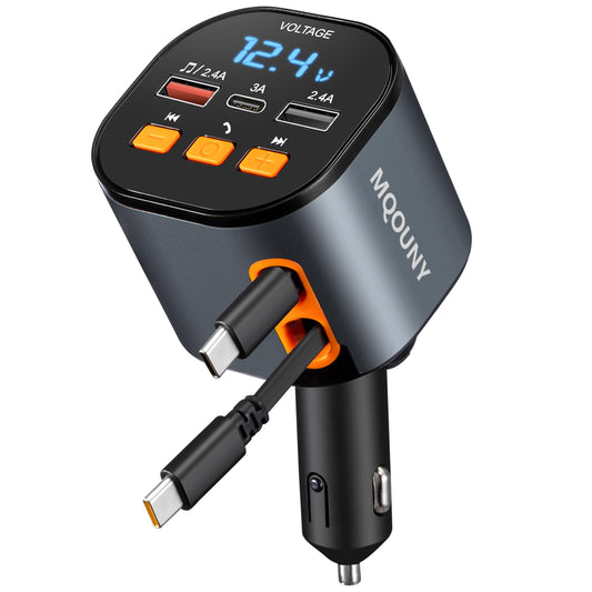 5-in-1 Retractable Car Charger with Bluetooth FM Transmitter (90W Fast Charging)