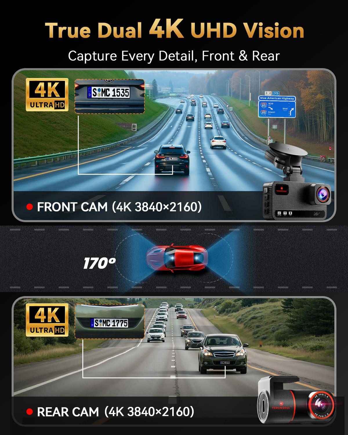 4K+4K Dual Dash Cam with GPS, WiFi & Parking Mode (128GB Included)