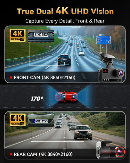 4K+4K Dual Dash Cam with GPS, WiFi & Parking Mode (128GB Included)