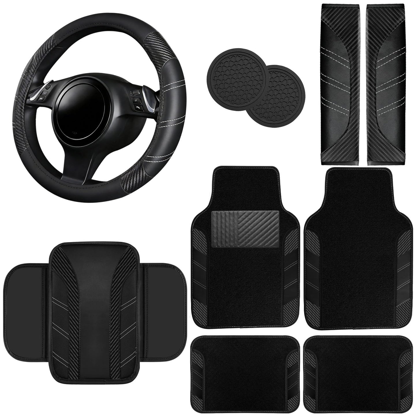 6-Piece Leather Car Interior Accessory Set (Steering Wheel Cover & More)