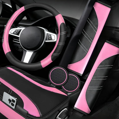 6-Piece Leather Car Interior Accessory Set (Steering Wheel Cover & More)