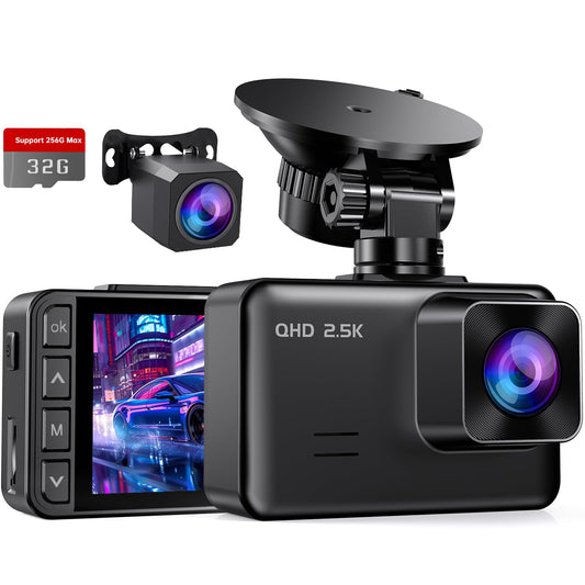 2.5K + 1080P Dual Dash Cam with Night Vision & Parking Mode (32GB Included)