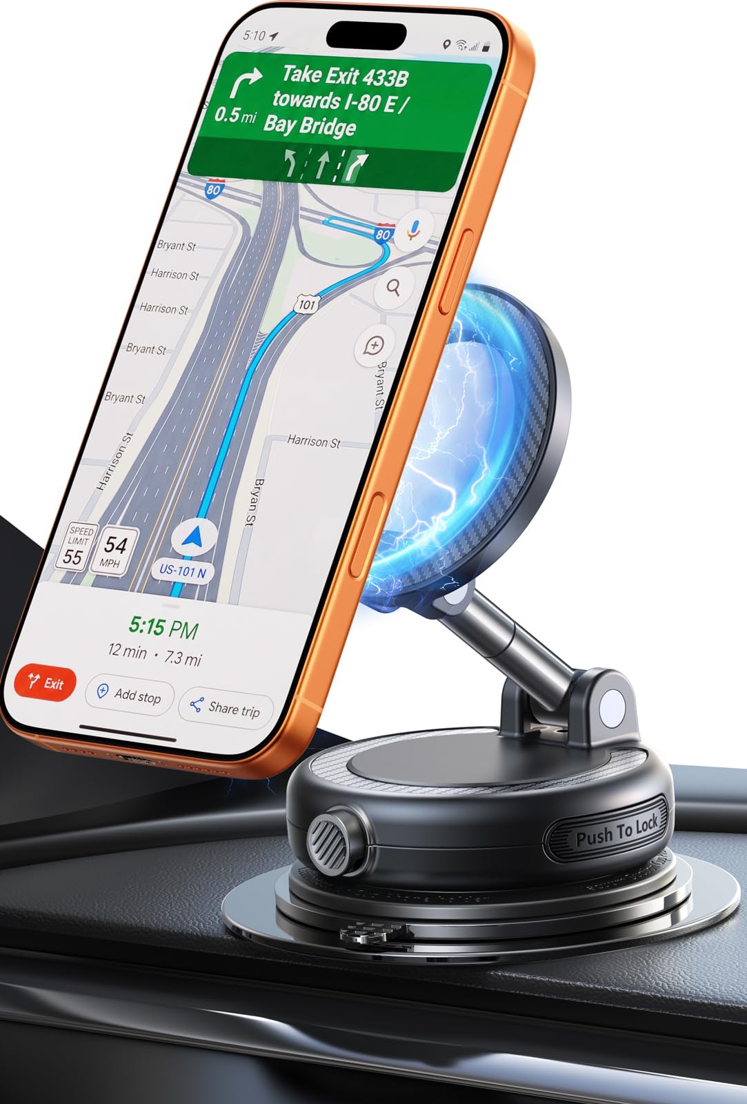 Magnetic Car Phone Mount with Vacuum Suction & 360° Adjustment