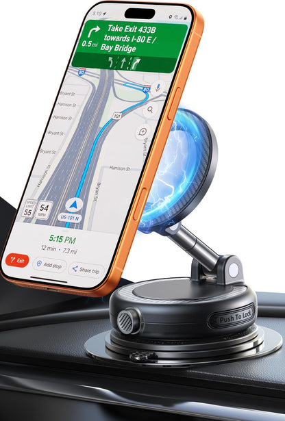 Magnetic Car Phone Mount with Vacuum Suction & 360° Adjustment