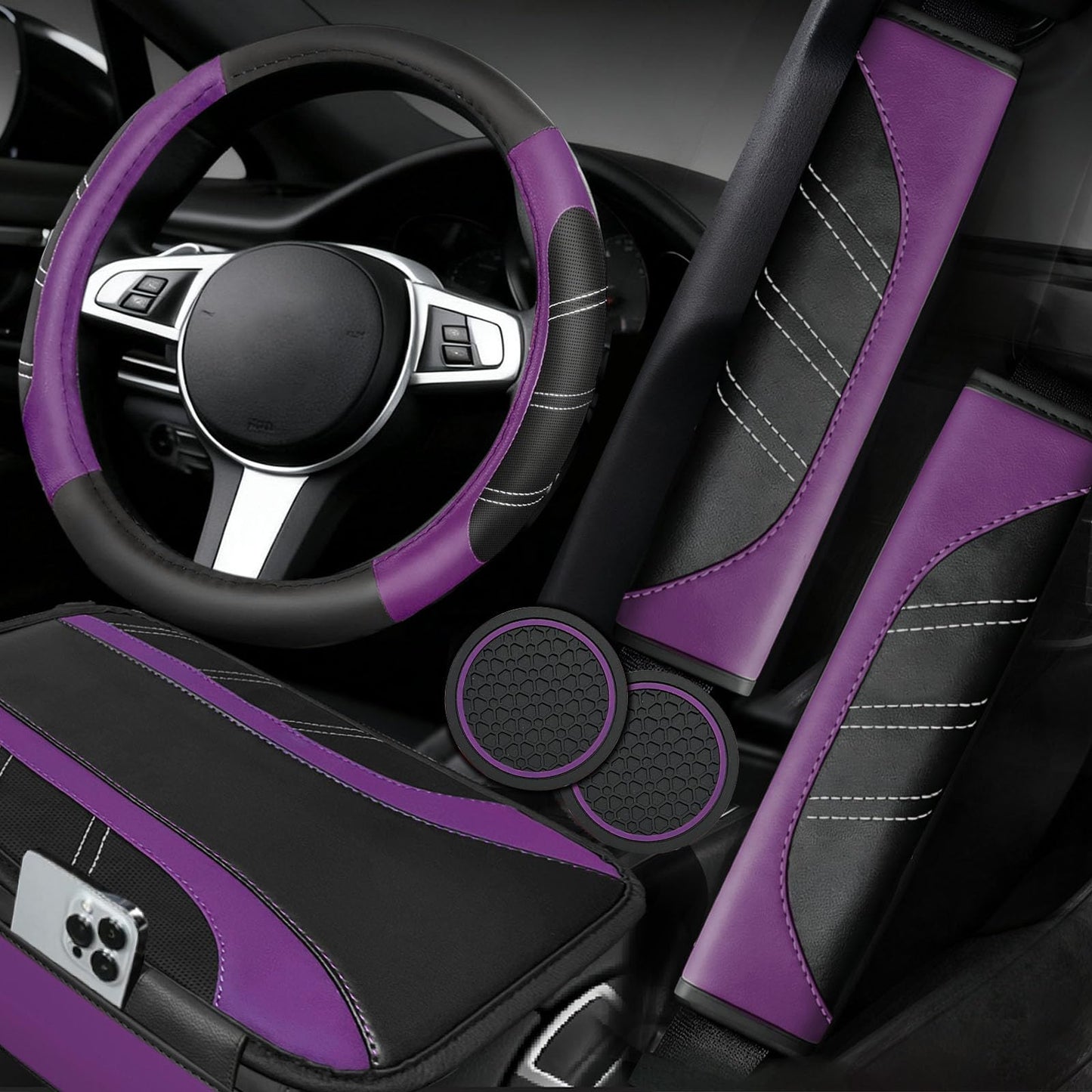6-Piece Leather Car Interior Accessory Set (Steering Wheel Cover & More)