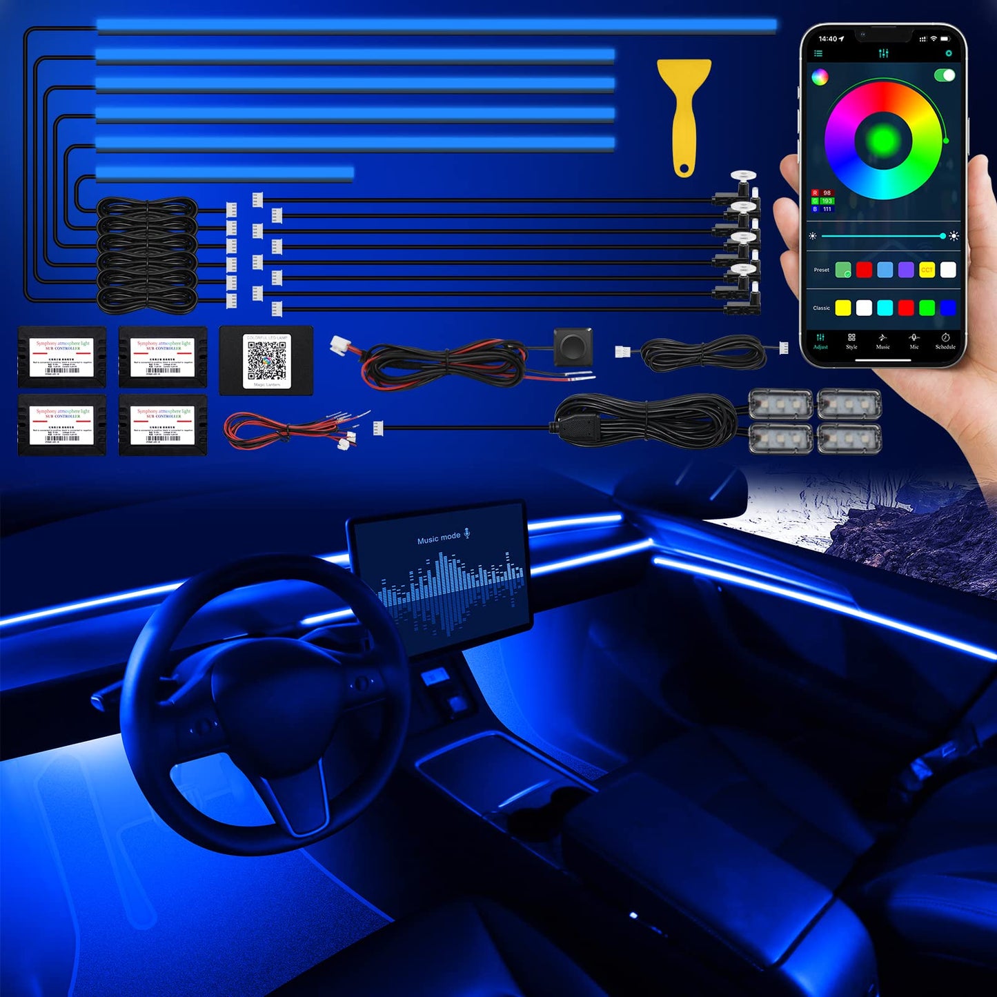 RGB Acrylic Car Interior LED Light Kit with App Control & Music Sync