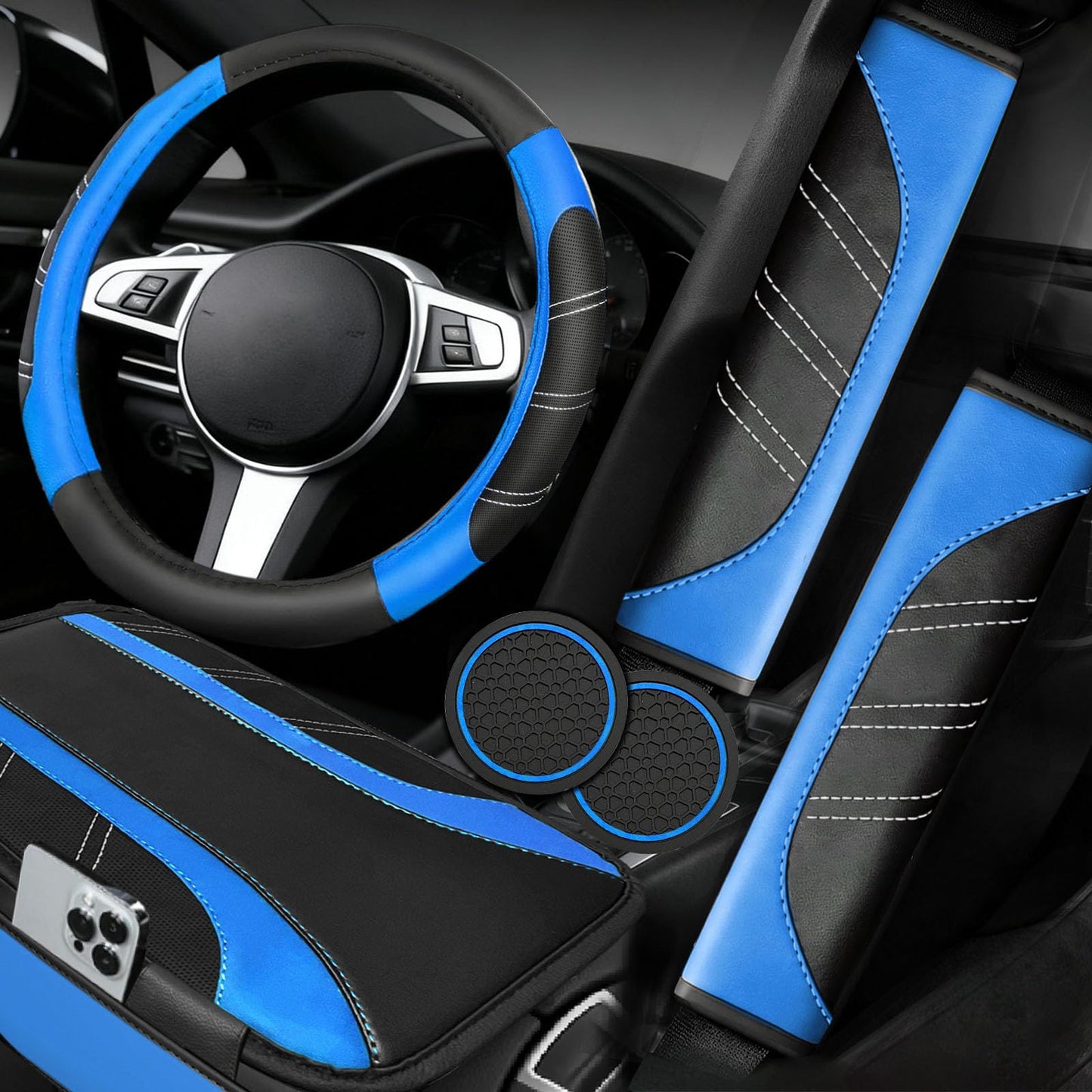 6-Piece Leather Car Interior Accessory Set (Steering Wheel Cover & More)