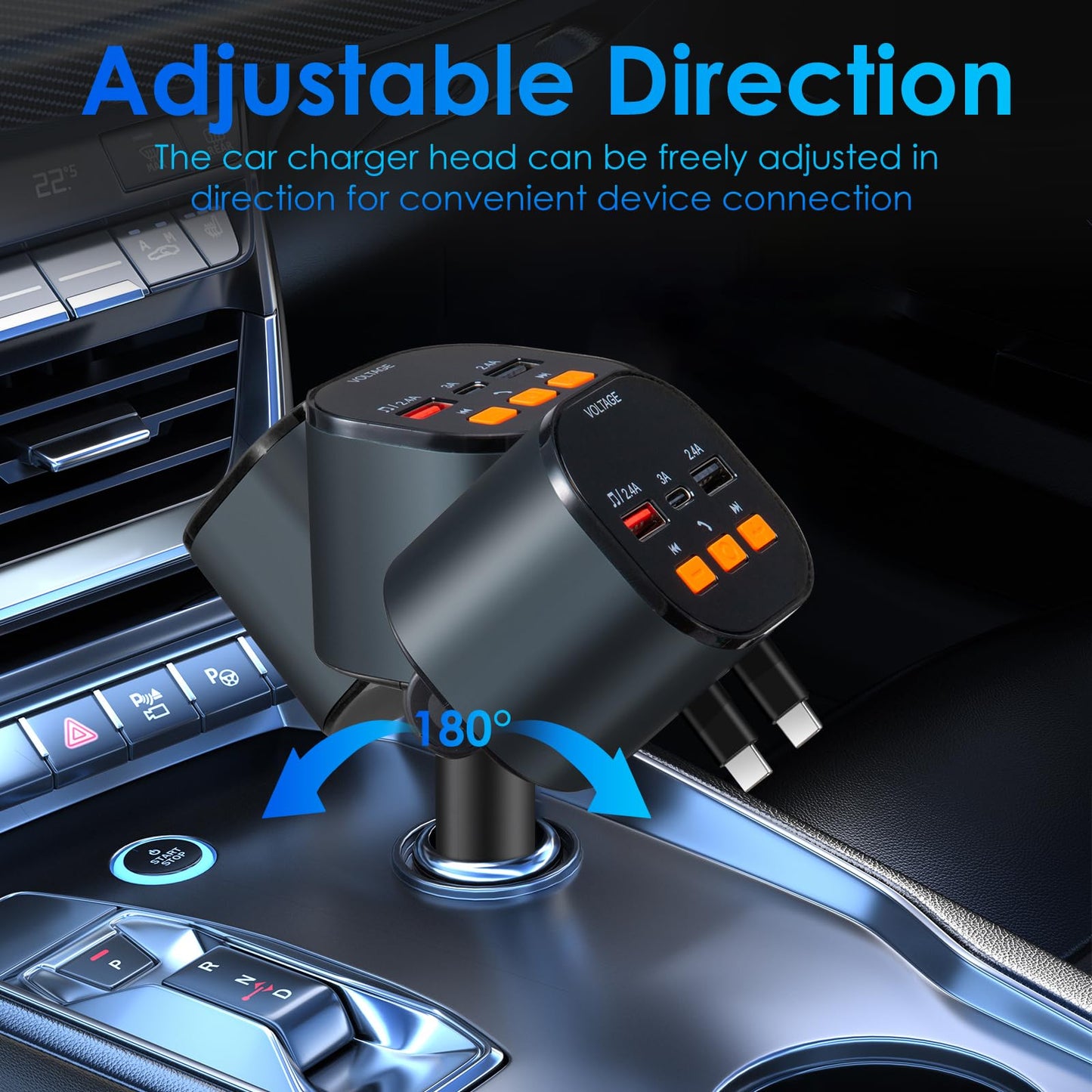 5-in-1 Retractable Car Charger with Bluetooth FM Transmitter (90W Fast Charging)