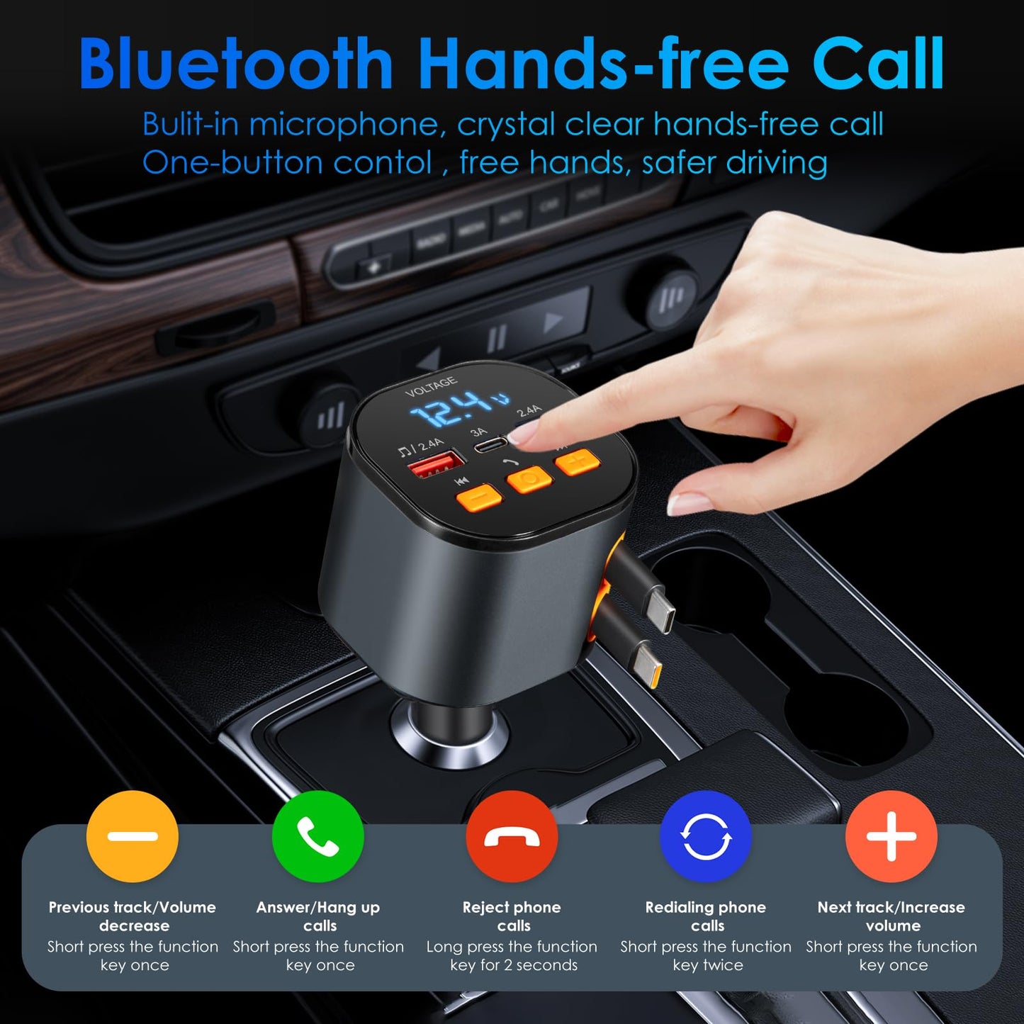 5-in-1 Retractable Car Charger with Bluetooth FM Transmitter (90W Fast Charging)