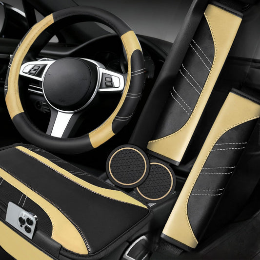 6-Piece Leather Car Interior Accessory Set (Steering Wheel Cover & More)