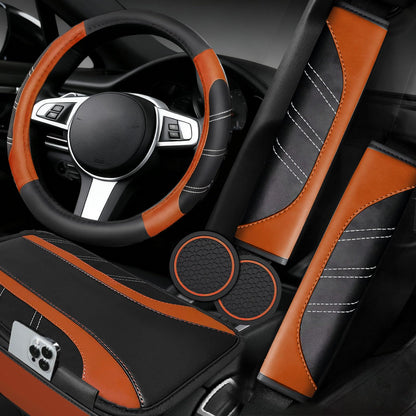 6-Piece Leather Car Interior Accessory Set (Steering Wheel Cover & More)