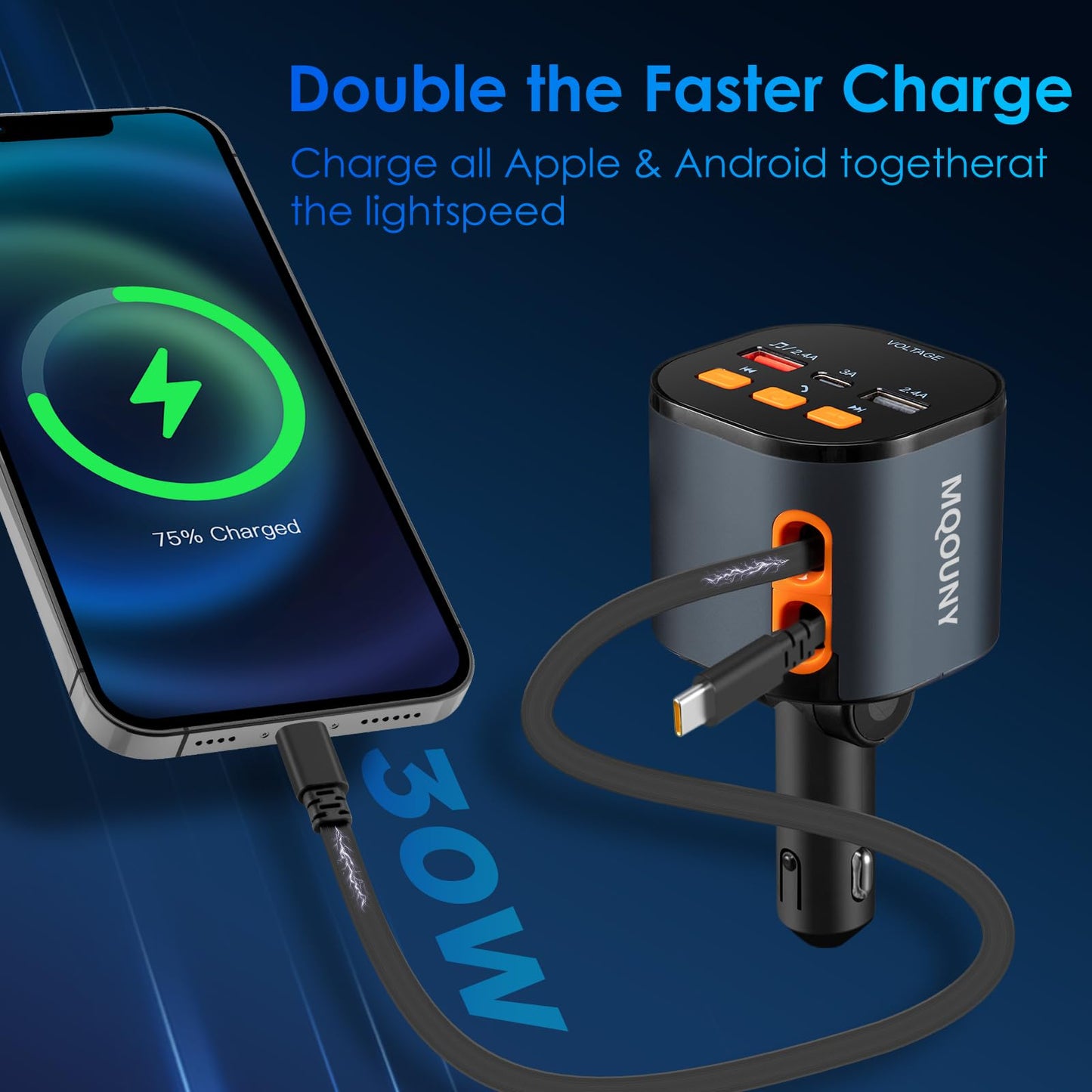 5-in-1 Retractable Car Charger with Bluetooth FM Transmitter (90W Fast Charging)
