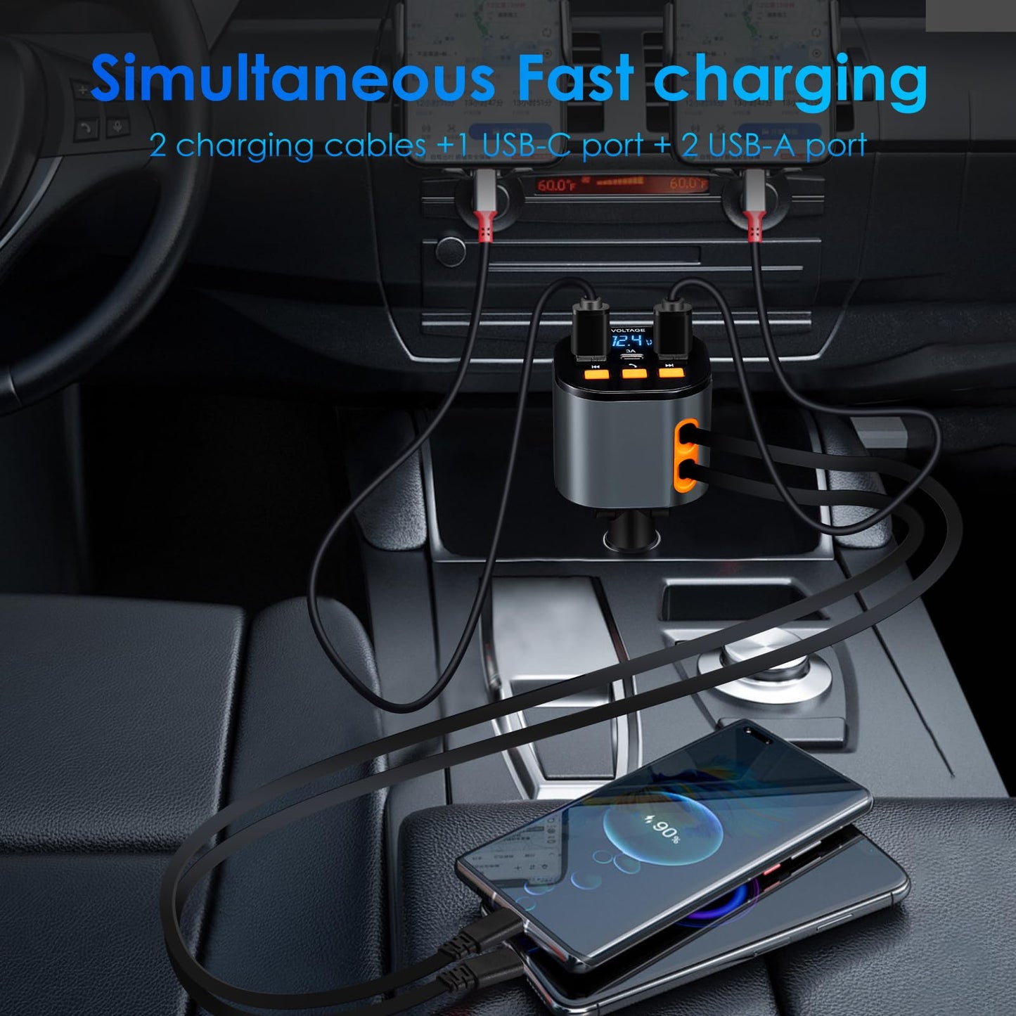 5-in-1 Retractable Car Charger with Bluetooth FM Transmitter (90W Fast Charging)