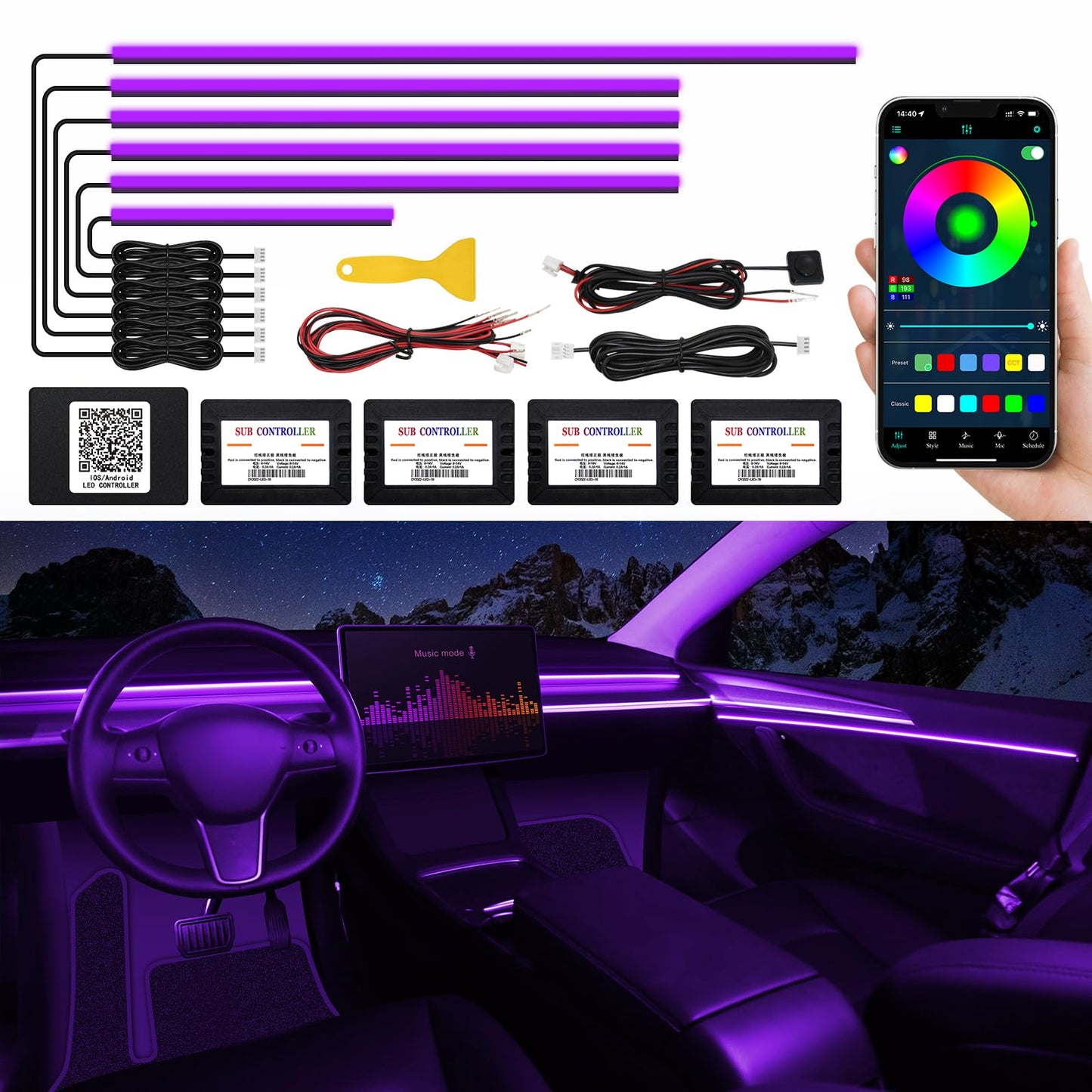 RGB Acrylic Car Interior LED Light Kit with App Control & Music Sync