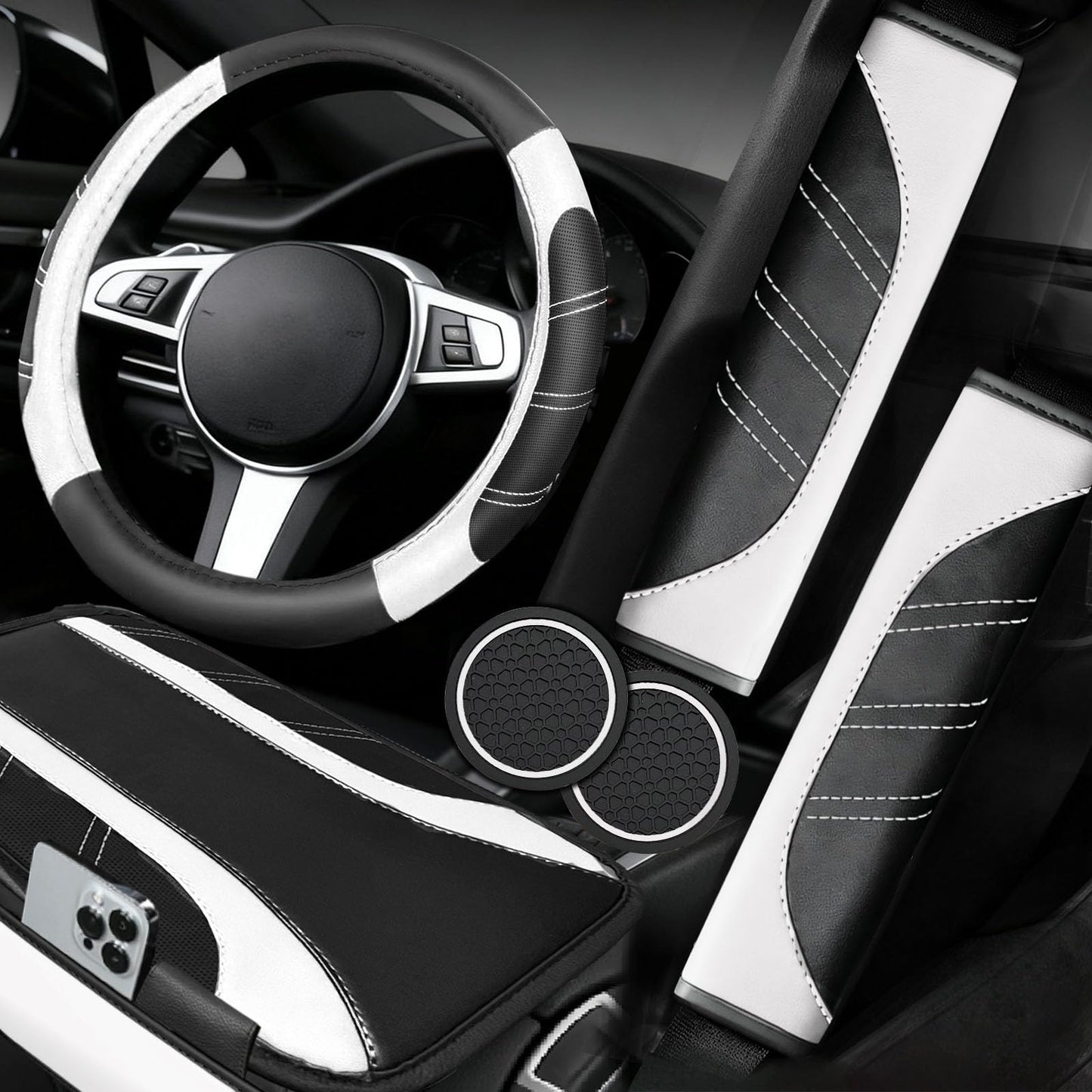 6-Piece Leather Car Interior Accessory Set (Steering Wheel Cover & More)