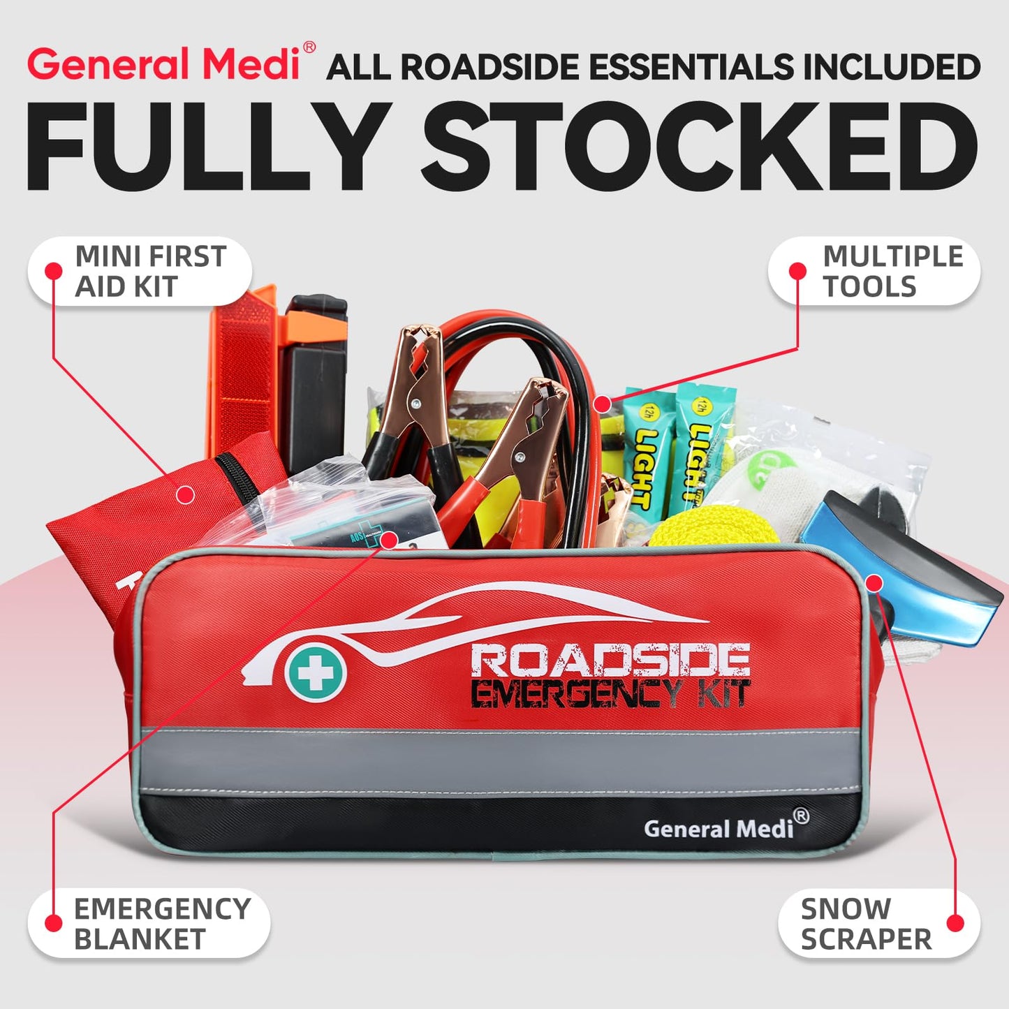 127-Piece Car Emergency Roadside Kit with First Aid, Jumper Cables & Safety Tools