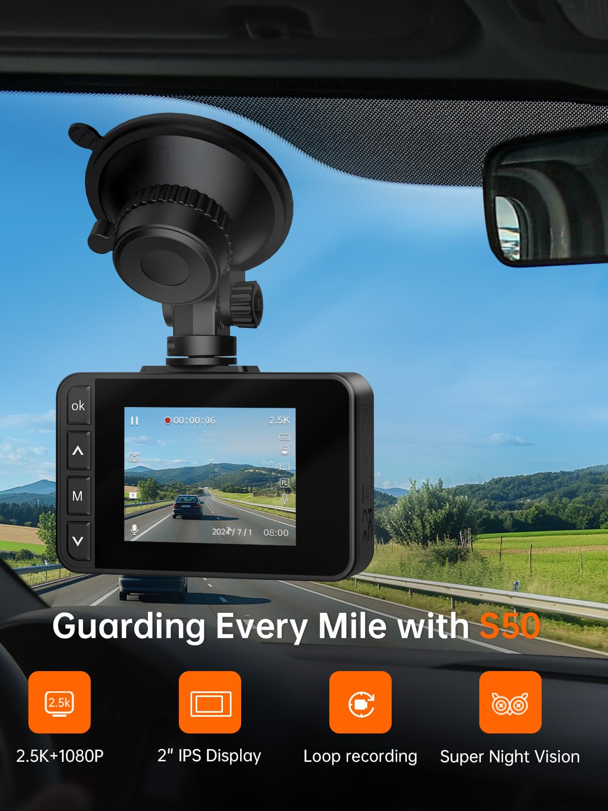 2.5K + 1080P Dual Dash Cam with Night Vision & Parking Mode (32GB Included)