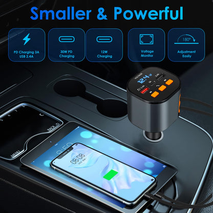 5-in-1 Retractable Car Charger with Bluetooth FM Transmitter (90W Fast Charging)
