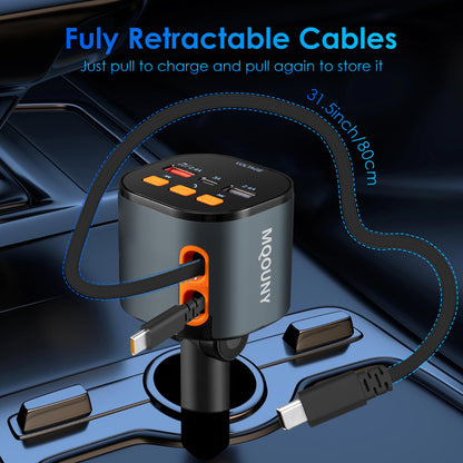 5-in-1 Retractable Car Charger with Bluetooth FM Transmitter (90W Fast Charging)