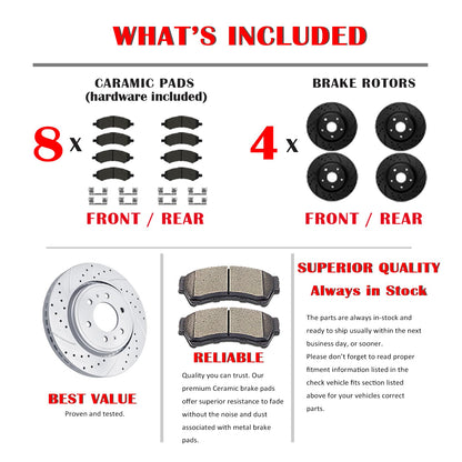 Front & Rear Brake Kit with Drilled & Slotted Rotors & Ceramic Pads for Escalade, Silverado, Tahoe & Yukon