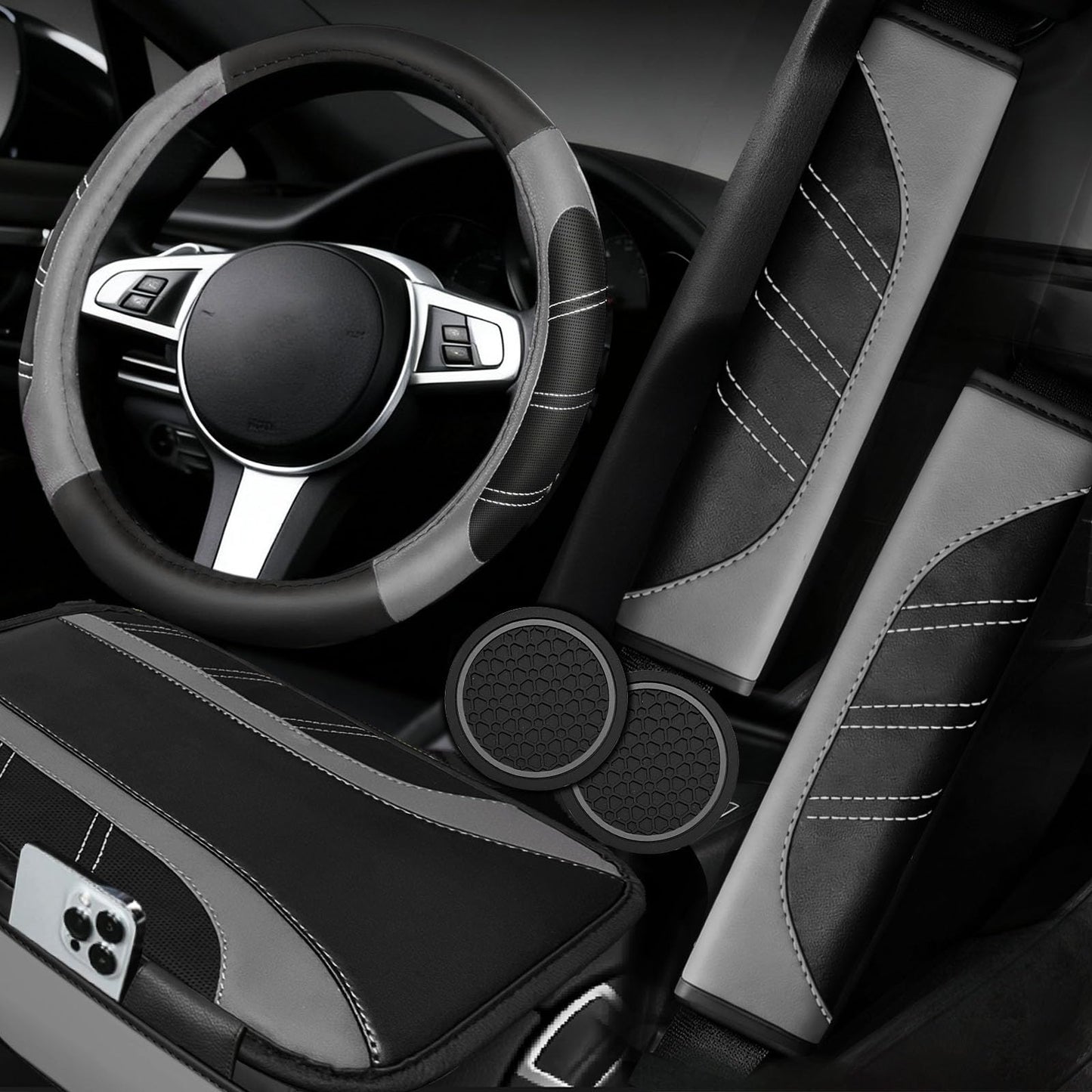 6-Piece Leather Car Interior Accessory Set (Steering Wheel Cover & More)