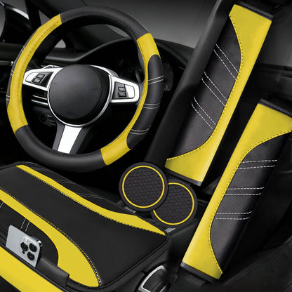 6-Piece Leather Car Interior Accessory Set (Steering Wheel Cover & More)
