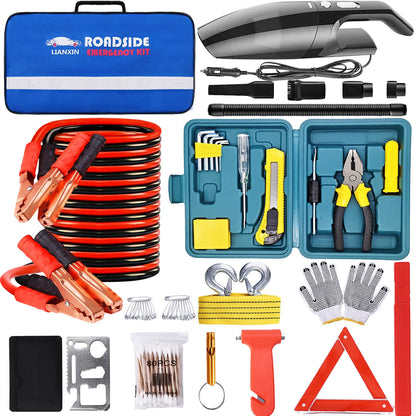 142-Piece Car Roadside Emergency Kit with Jumper Cables & Tow Strap