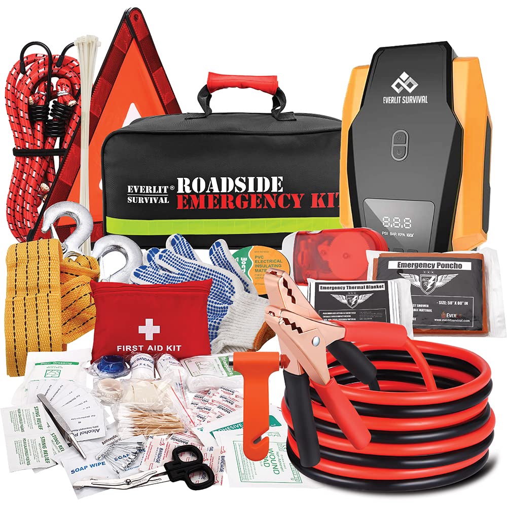 Car Emergency Roadside Kit with Air Compressor, Jumper Cables & First Aid Kit