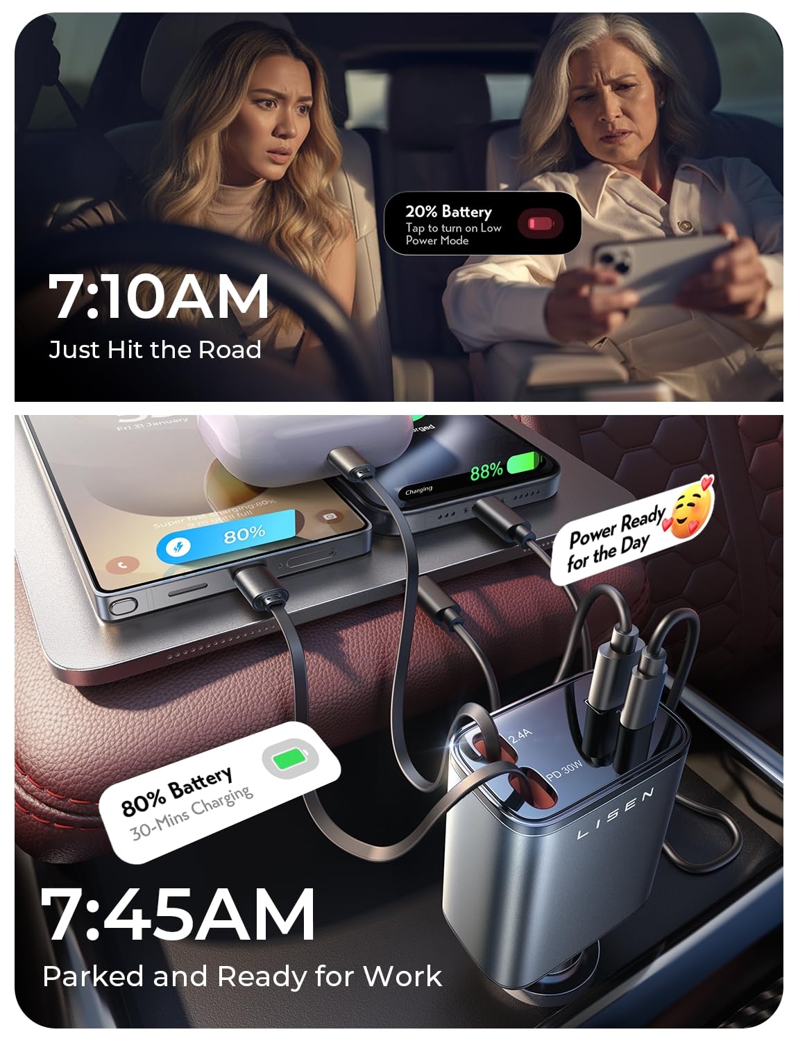 LISEN Retractable Car Charger，Gift for Men Women