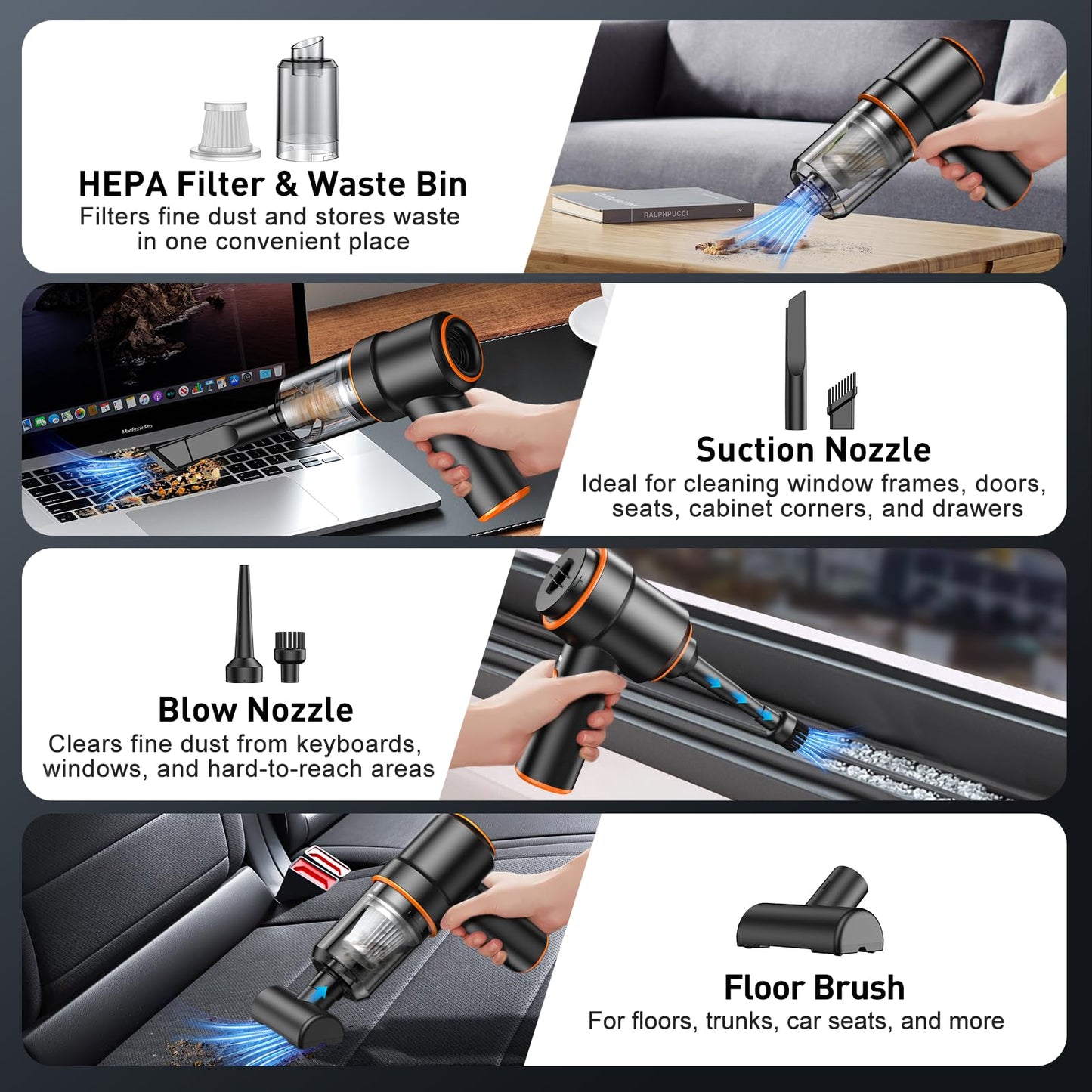 Cordless Handheld Car Vacuum & Air Duster (120W, Rechargeable)