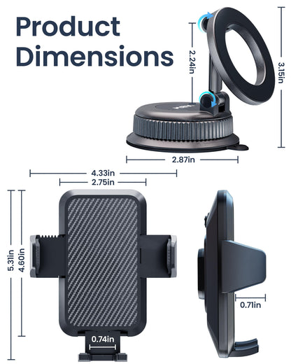 2-in-1 Magnetic Car Phone Mount with Suction Base & 360° Adjustment