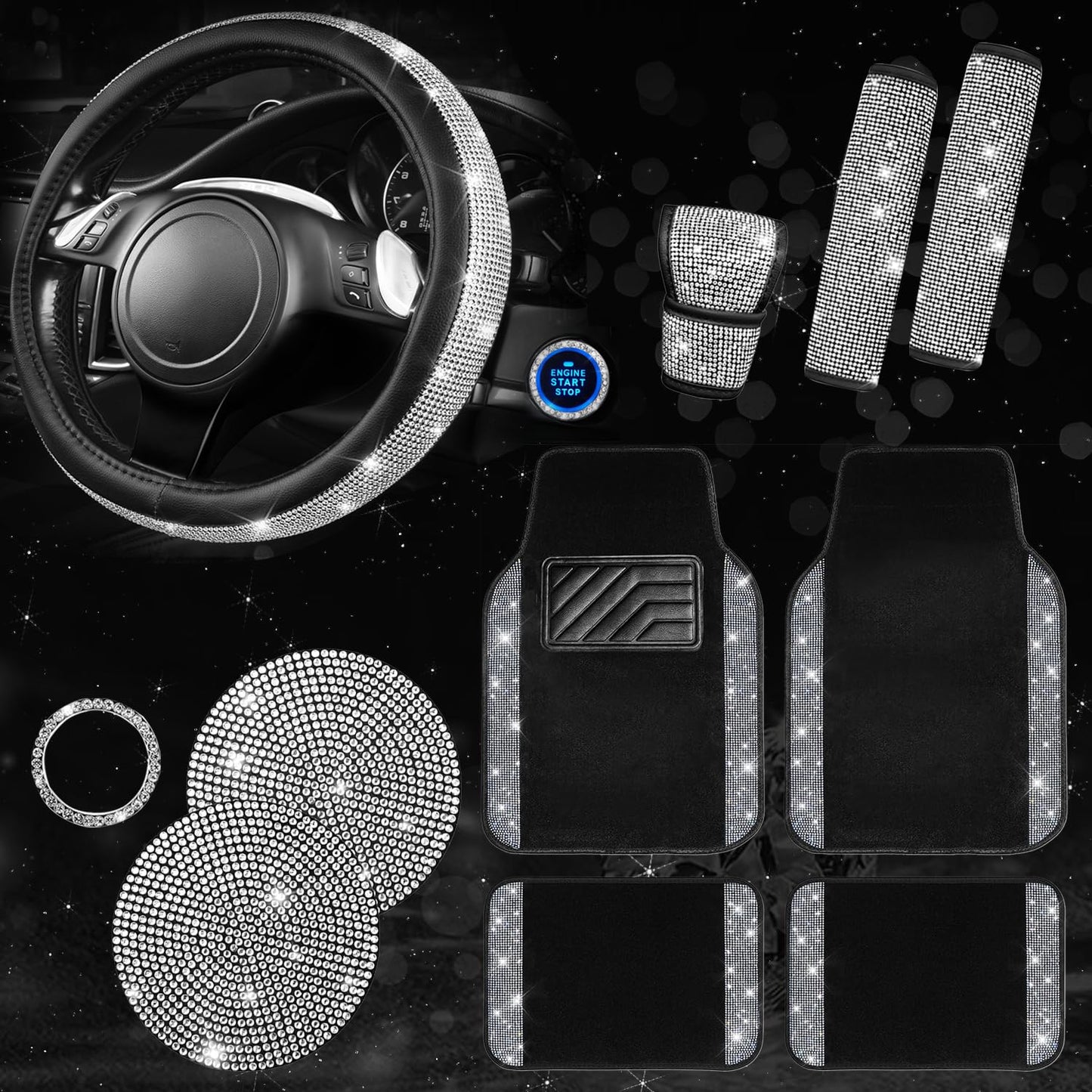 Rhinestone Car Interior Accessory Set (Steering Wheel Cover, Seat Belt Cushion & More)
