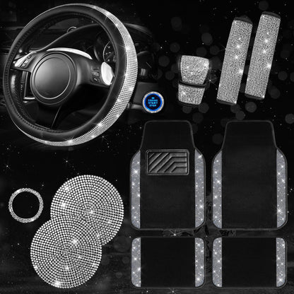 Rhinestone Car Interior Accessory Set (Steering Wheel Cover, Seat Belt Cushion & More)