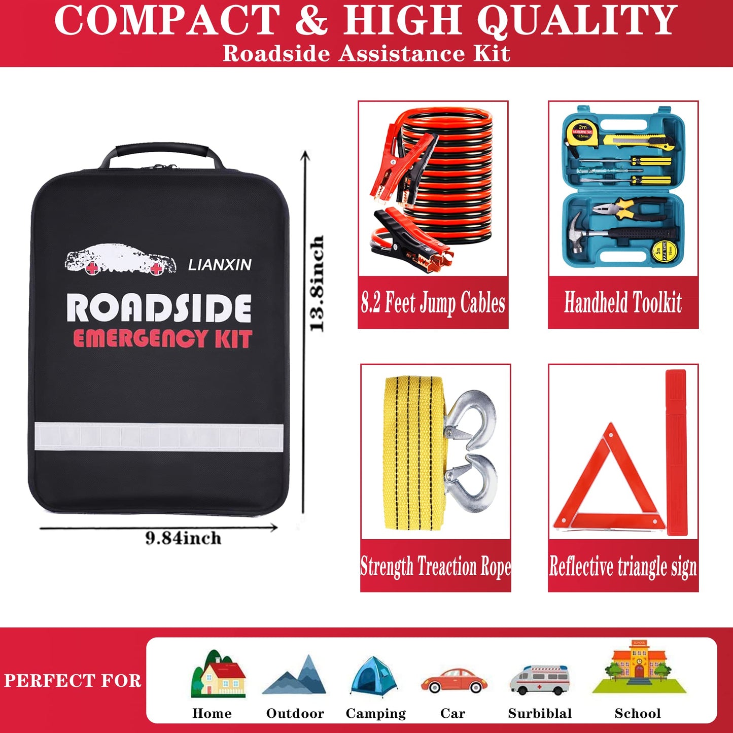 142-Piece Car Roadside Emergency Kit with Jumper Cables & Tow Strap