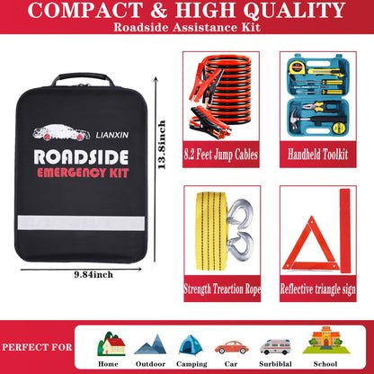 142-Piece Car Roadside Emergency Kit with Jumper Cables & Tow Strap