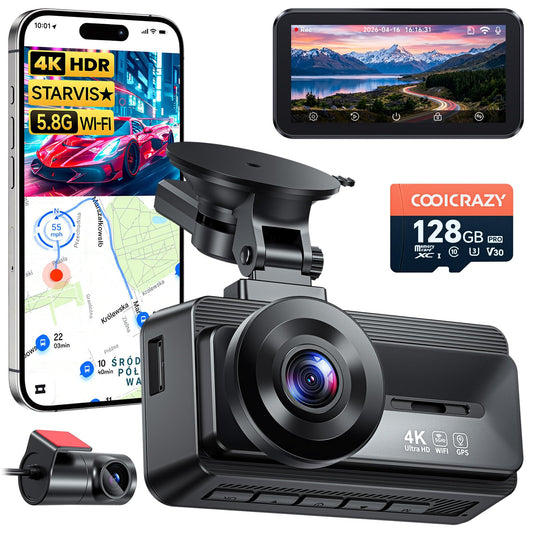 4K Dual Dash Cam with GPS, WiFi & Night Vision (128GB Included)