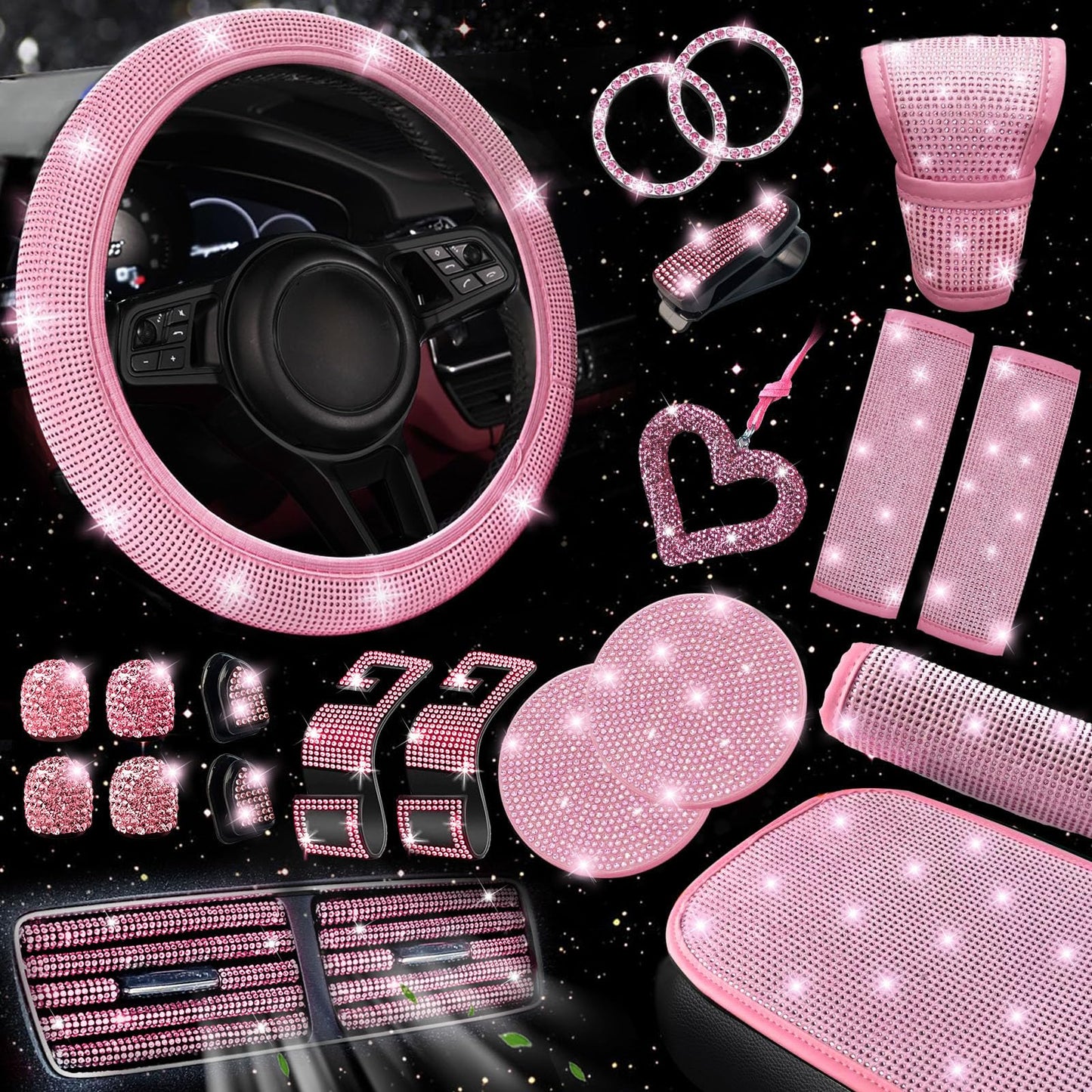 30-Piece Rhinestone Car Interior Accessory Set (Steering Wheel Cover & More)
